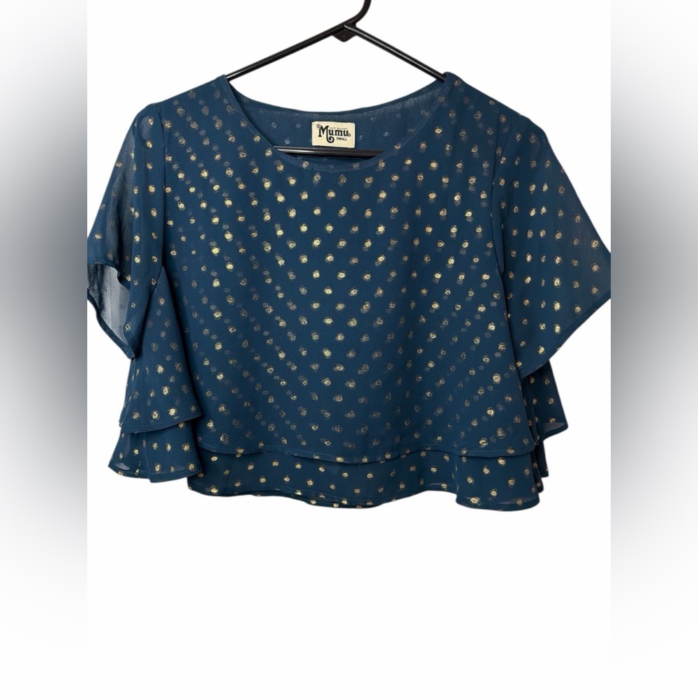 Show Me Your MuMu Navy and Gold Polka Dot Cropped Chiffon Blouse